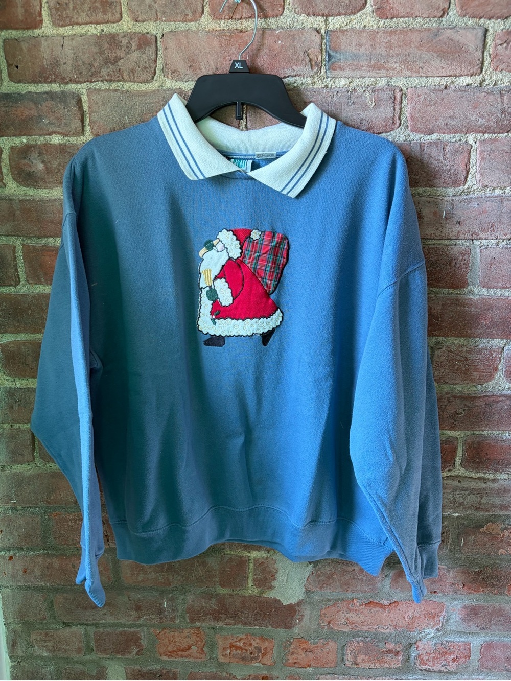 Vintage Bold Spirit Blue Santa embroidered Polo-Collar Crewneck Sweatshirt